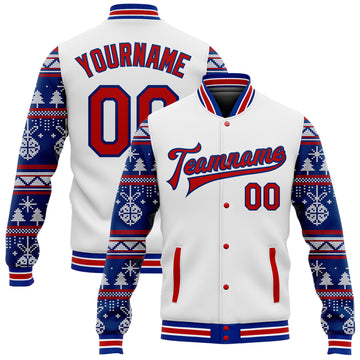 Custom White Red-Royal Christmas 3D Bomber Full-Snap Varsity Letterman Jacket