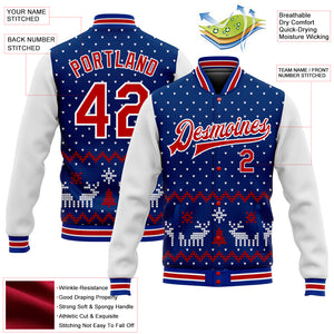 Custom Royal Red-White Christmas 3D Bomber Full-Snap Varsity Letterman Jacket