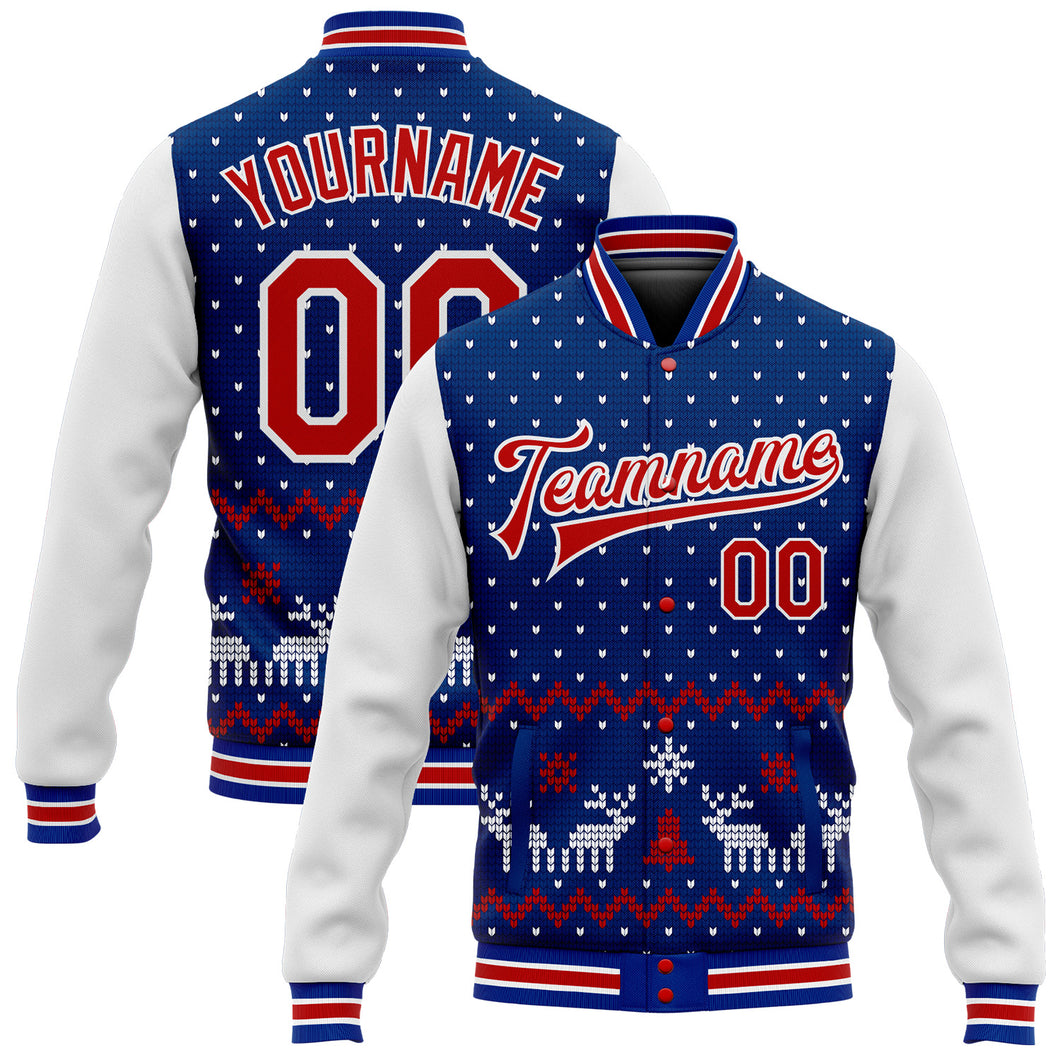 Custom Royal Red-White Christmas 3D Bomber Full-Snap Varsity Letterman Jacket