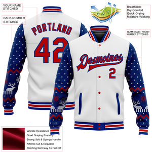 Custom White Red-Royal Christmas 3D Bomber Full-Snap Varsity Letterman Jacket