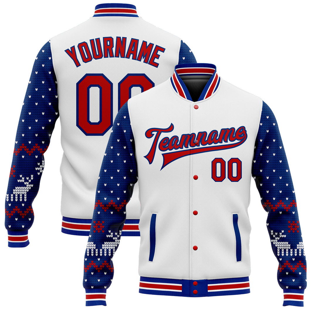 Custom White Red-Royal Christmas 3D Bomber Full-Snap Varsity Letterman Jacket