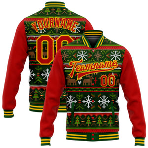 Custom Green Red-Gold Christmas 3D Bomber Full-Snap Varsity Letterman Jacket