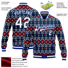 Load image into Gallery viewer, Custom Navy White-Royal Christmas 3D Bomber Full-Snap Varsity Letterman Jacket
