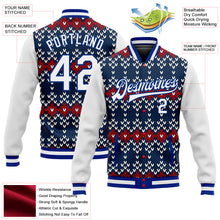 Load image into Gallery viewer, Custom Navy White-Royal Christmas 3D Bomber Full-Snap Varsity Letterman Jacket
