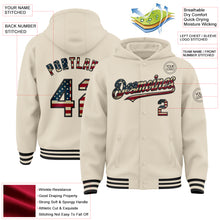 Load image into Gallery viewer, Custom Cream Vintage USA Flag-Black Bomber Full-Snap Varsity Letterman Hoodie Jacket
