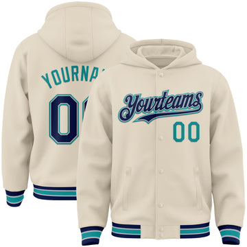 Custom Cream Navy Gray-Teal Bomber Full-Snap Varsity Letterman Hoodie Jacket