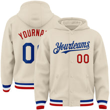 Load image into Gallery viewer, Custom Cream Royal Red-White Bomber Full-Snap Varsity Letterman Hoodie Jacket
