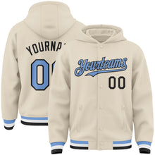 Load image into Gallery viewer, Custom Cream Light Blue Black-White Bomber Full-Snap Varsity Letterman Hoodie Jacket
