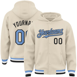 Custom Cream Light Blue Black-White Bomber Full-Snap Varsity Letterman Hoodie Jacket