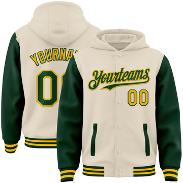 Custom Cream Green-Gold Bomber Full-Snap Varsity Letterman Two Tone Hoodie Jacket