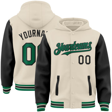 Custom Cream Kelly Green-Black Bomber Full-Snap Varsity Letterman Two Tone Hoodie Jacket