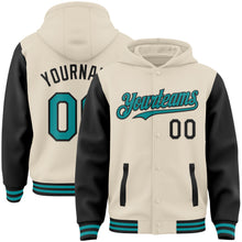 Load image into Gallery viewer, Custom Cream Teal-Black Bomber Full-Snap Varsity Letterman Two Tone Hoodie Jacket
