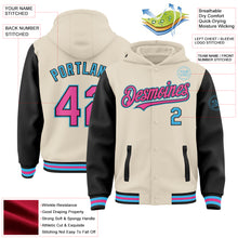 Load image into Gallery viewer, Custom Cream Pink Black-Sky Blue Bomber Full-Snap Varsity Letterman Two Tone Hoodie Jacket
