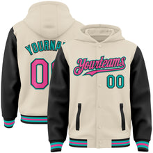 Load image into Gallery viewer, Custom Cream Pink Black-Aqua Bomber Full-Snap Varsity Letterman Two Tone Hoodie Jacket
