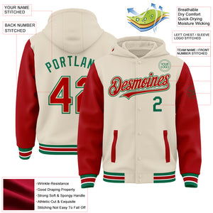 Custom Cream Red Kelly Green-White Bomber Full-Snap Varsity Letterman Two Tone Hoodie Jacket