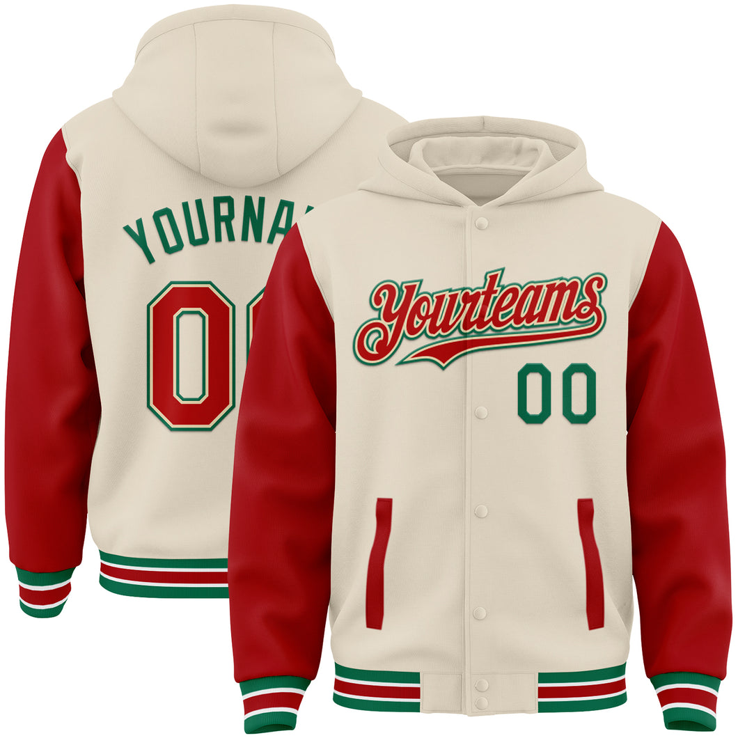 Custom Cream Red Kelly Green-White Bomber Full-Snap Varsity Letterman Two Tone Hoodie Jacket