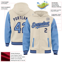 Load image into Gallery viewer, Custom Cream Light Blue-Navy Bomber Full-Snap Varsity Letterman Two Tone Hoodie Jacket
