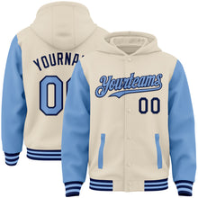 Load image into Gallery viewer, Custom Cream Light Blue-Navy Bomber Full-Snap Varsity Letterman Two Tone Hoodie Jacket
