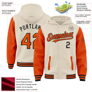 Custom Cream Orange-Black Bomber Full-Snap Varsity Letterman Two Tone Hoodie Jacket