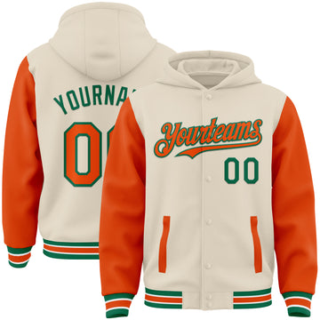 Custom Cream Orange Kelly Green-White Bomber Full-Snap Varsity Letterman Two Tone Hoodie Jacket