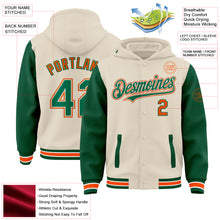 Load image into Gallery viewer, Custom Cream Kelly Green Orange-White Bomber Full-Snap Varsity Letterman Two Tone Hoodie Jacket
