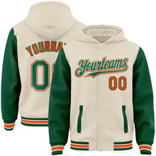 Load image into Gallery viewer, Custom Cream Kelly Green Orange-White Bomber Full-Snap Varsity Letterman Two Tone Hoodie Jacket
