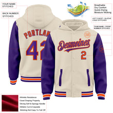 Load image into Gallery viewer, Custom Cream Purple Orange-White Bomber Full-Snap Varsity Letterman Two Tone Hoodie Jacket
