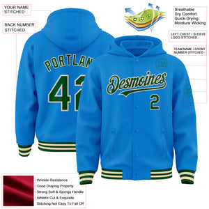 Custom Powder Blue Green-Cream Bomber Full-Snap Varsity Letterman Hoodie Jacket