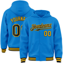 Load image into Gallery viewer, Custom Powder Blue Black-Gold Bomber Full-Snap Varsity Letterman Hoodie Jacket
