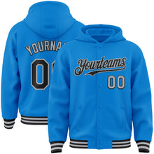 Load image into Gallery viewer, Custom Powder Blue Black-Gray Bomber Full-Snap Varsity Letterman Hoodie Jacket
