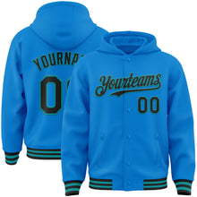 Load image into Gallery viewer, Custom Powder Blue Black-Teal Bomber Full-Snap Varsity Letterman Hoodie Jacket
