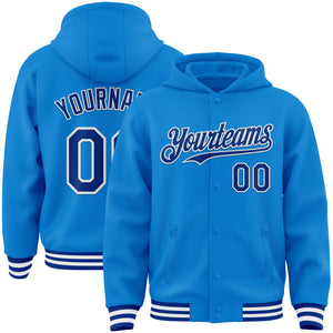 Custom Powder Blue Royal-White Bomber Full-Snap Varsity Letterman Hoodie Jacket