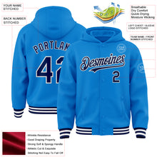 Load image into Gallery viewer, Custom Powder Blue Navy-White Bomber Full-Snap Varsity Letterman Hoodie Jacket
