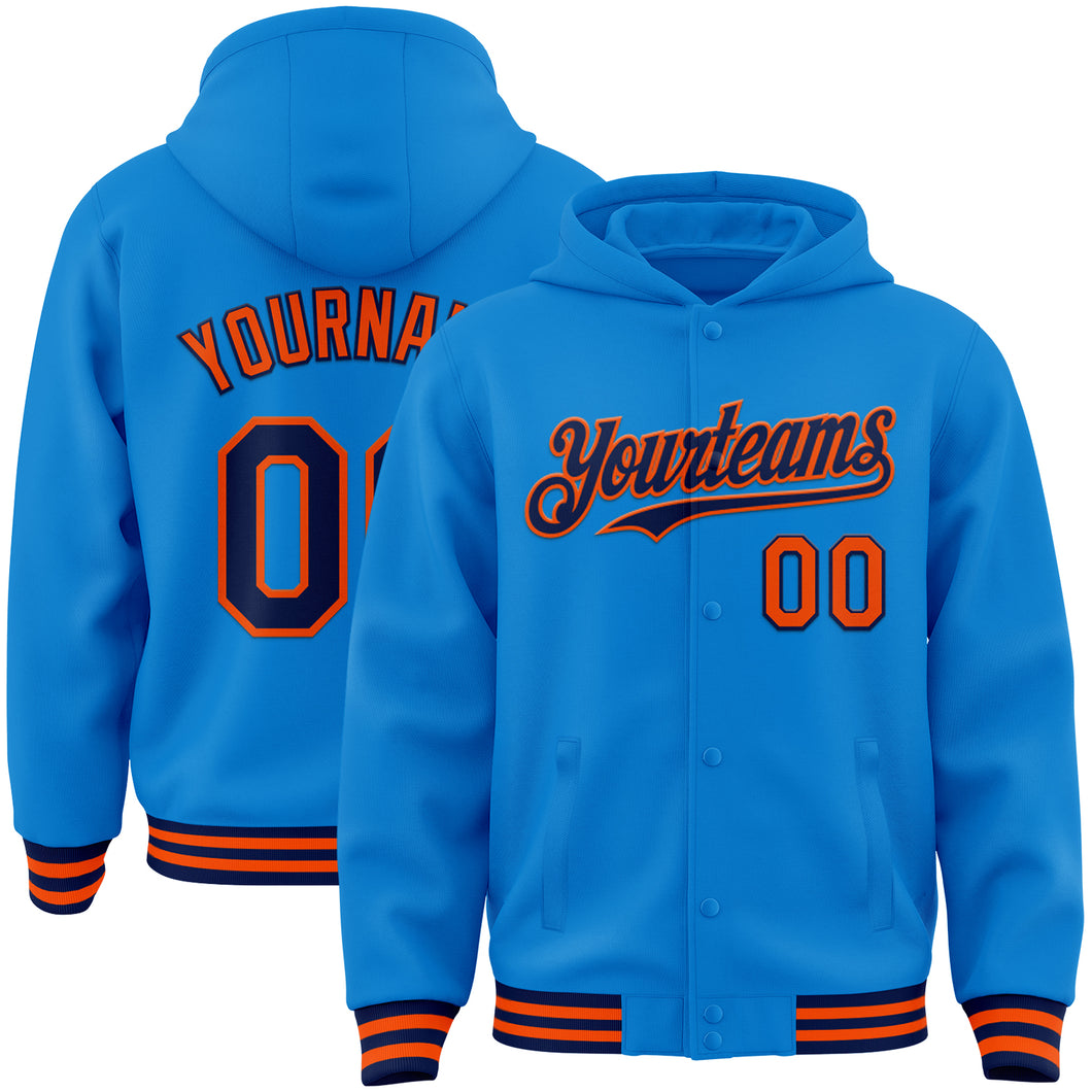 Custom Powder Blue Navy-Orange Bomber Full-Snap Varsity Letterman Hoodie Jacket