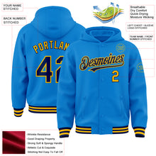 Load image into Gallery viewer, Custom Powder Blue Navy-Gold Bomber Full-Snap Varsity Letterman Hoodie Jacket
