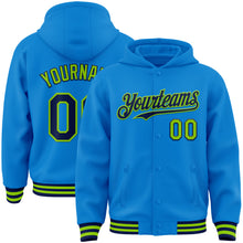 Load image into Gallery viewer, Custom Powder Blue Navy-Neon Green Bomber Full-Snap Varsity Letterman Hoodie Jacket
