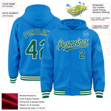 Load image into Gallery viewer, Custom Powder Blue Kelly Green-White Bomber Full-Snap Varsity Letterman Hoodie Jacket
