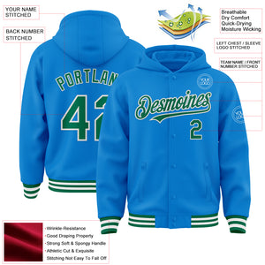 Custom Powder Blue Kelly Green-White Bomber Full-Snap Varsity Letterman Hoodie Jacket