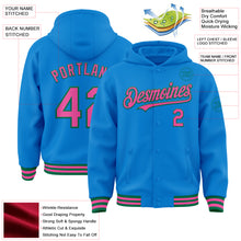 Load image into Gallery viewer, Custom Powder Blue Pink-Kelly Green Bomber Full-Snap Varsity Letterman Hoodie Jacket
