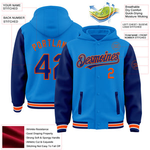 Custom Powder Blue Royal-Orange Bomber Full-Snap Varsity Letterman Two Tone Hoodie Jacket