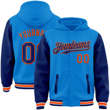 Load image into Gallery viewer, Custom Powder Blue Royal-Orange Bomber Full-Snap Varsity Letterman Two Tone Hoodie Jacket
