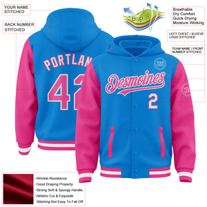 Custom Powder Blue Pink-White Bomber Full-Snap Varsity Letterman Two Tone Hoodie Jacket