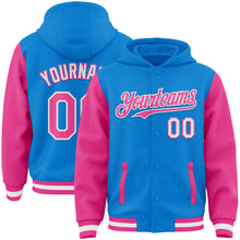 Load image into Gallery viewer, Custom Powder Blue Pink-White Bomber Full-Snap Varsity Letterman Two Tone Hoodie Jacket
