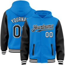 Load image into Gallery viewer, Custom Powder Blue Black-White Bomber Full-Snap Varsity Letterman Two Tone Hoodie Jacket
