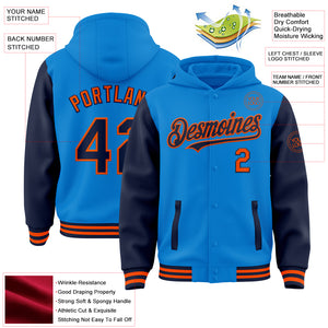 Custom Powder Blue Navy-Orange Bomber Full-Snap Varsity Letterman Two Tone Hoodie Jacket