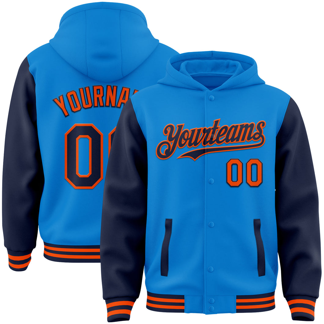 Custom Powder Blue Navy-Orange Bomber Full-Snap Varsity Letterman Two Tone Hoodie Jacket