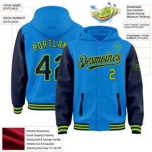 Custom Powder Blue Navy-Neon Green Bomber Full-Snap Varsity Letterman Two Tone Hoodie Jacket