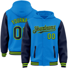 Load image into Gallery viewer, Custom Powder Blue Navy-Neon Green Bomber Full-Snap Varsity Letterman Two Tone Hoodie Jacket
