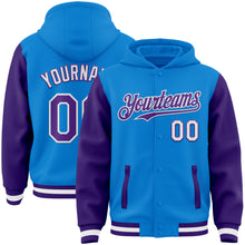 Load image into Gallery viewer, Custom Powder Blue Purple-White Bomber Full-Snap Varsity Letterman Two Tone Hoodie Jacket
