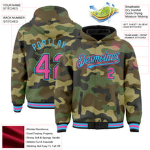 Load image into Gallery viewer, Custom Camo Pink Black-Sky Blue Bomber Full-Snap Varsity Letterman Salute To Service Hoodie Jacket
